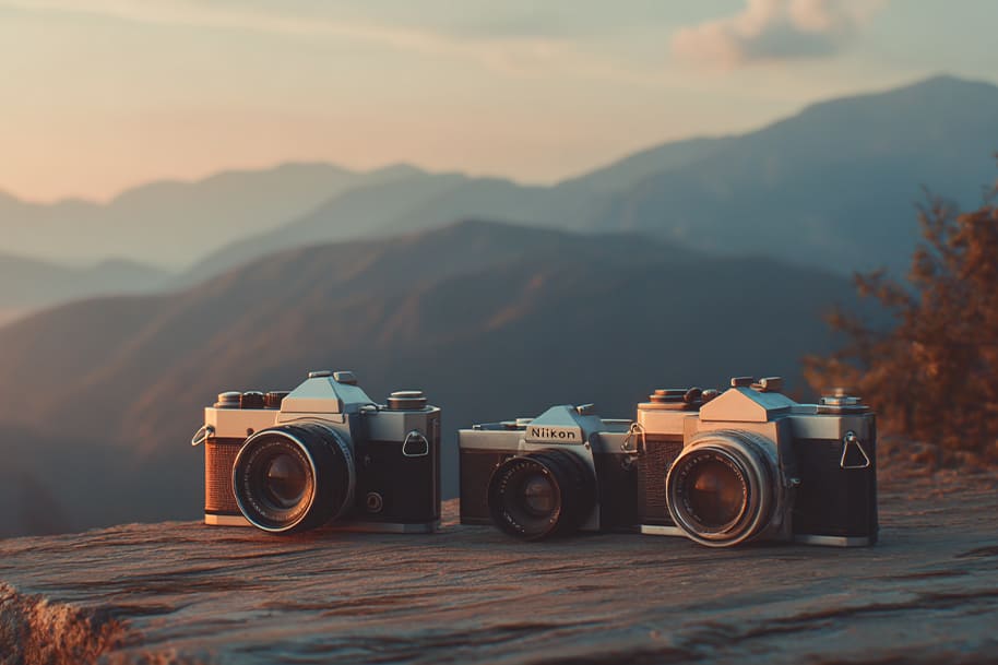 Vintage film cameras on a mountain overlook at sunset, symbolizing capturing memories from Labor Day weekend travel ideas and scenic getaways for Eternal Slots blog.