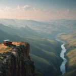 A red SUV stands at the edge of a rugged cliff, overlooking a winding river cutting through vast green mountains under a soft sunset glow.
