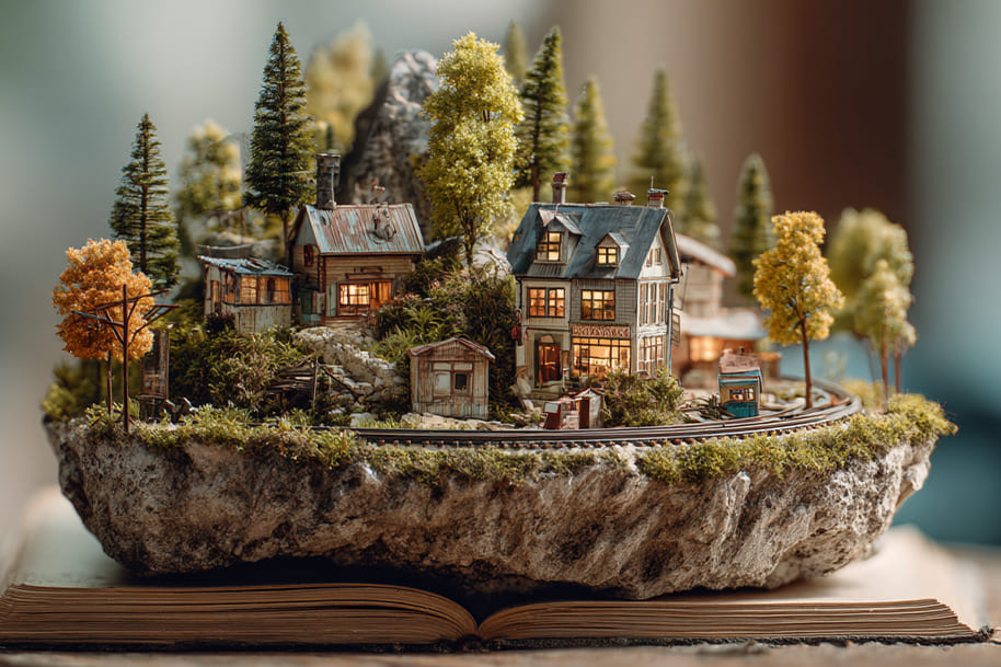 A highly detailed model village with houses, trees, and a train track sits atop an open book, resembling a floating island of creativity and storytelling.
