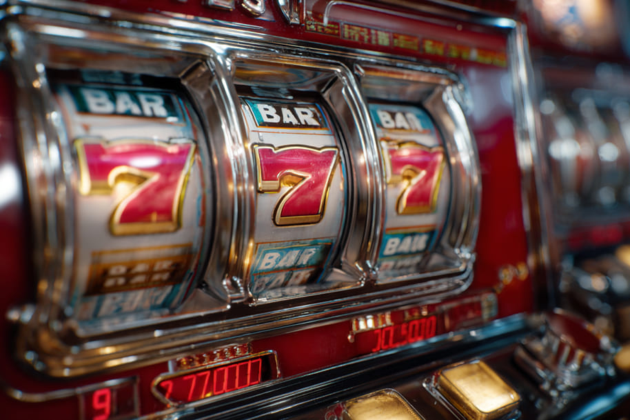 Classic slot machine with spinning reels showing triple sevens and bar symbols, highlighting the excitement of multipliers in online slots.