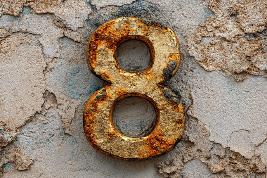 Rustic gold number 8 on textured wall – number 8 spiritual meaning and destiny