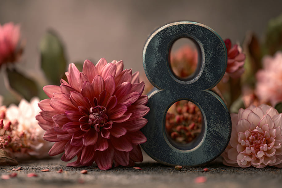 Number 8 numerology meaning with pink flowers – spiritual and August symbolism
