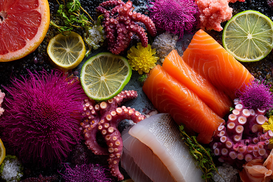 Assorted plant-based seafood platter with vegan salmon sashimi, octopus substitute, sea urchin, and citrus slices highlighting plant-based food trends 2025 on Eternal Slots blog.