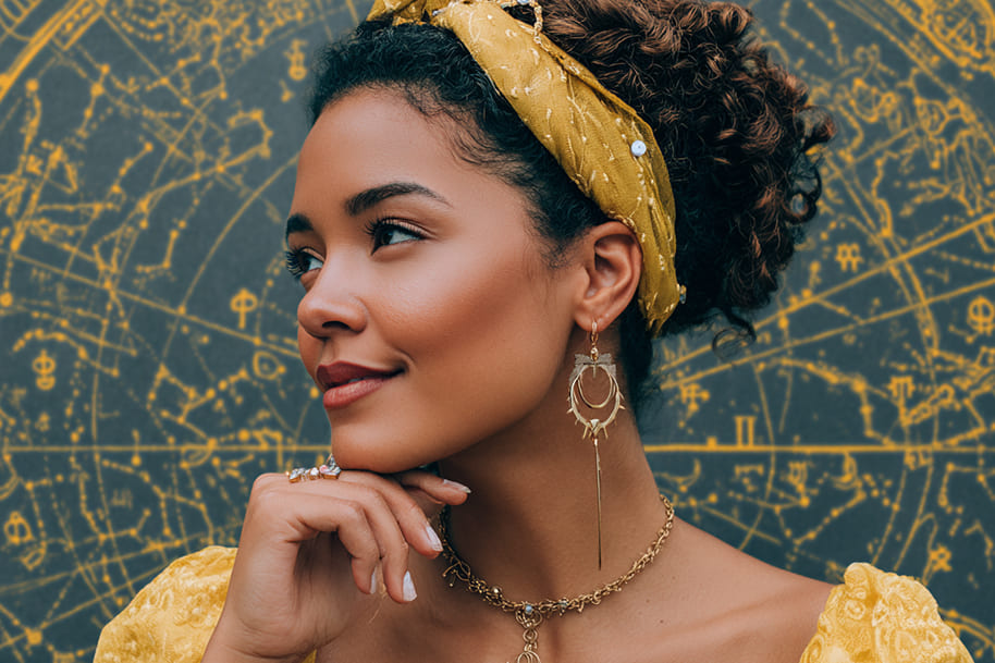 Confident woman in golden outfit with zodiac star map background, symbolizing astrology, self-care, and personalized zodiac sign wellness tips.