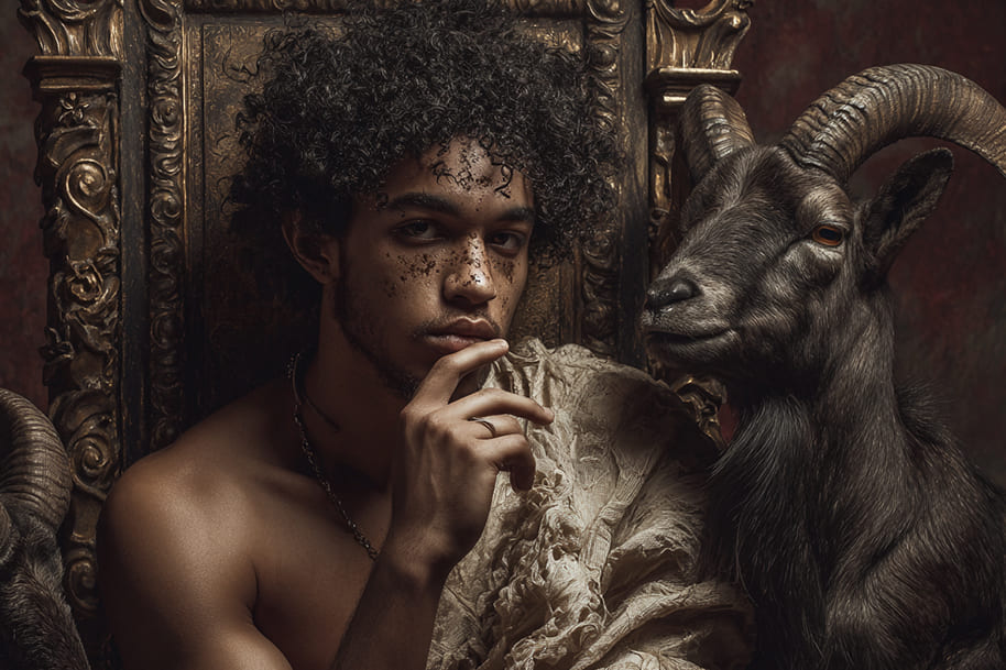 Artistic portrait inspired by Capricorn zodiac sign with man sitting beside a goat, symbolizing astrology and self-care themes on Eternal Slots Casino blog.
