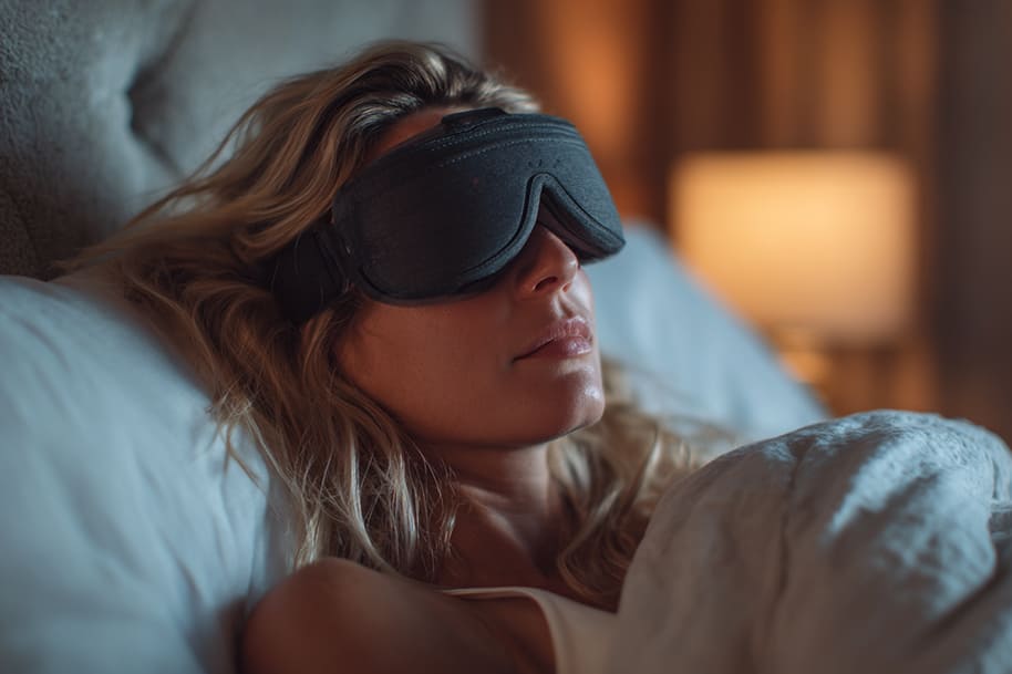 A woman lying in bed with a soft padded black sleep mask, blocking out light for deeper and uninterrupted sleep.