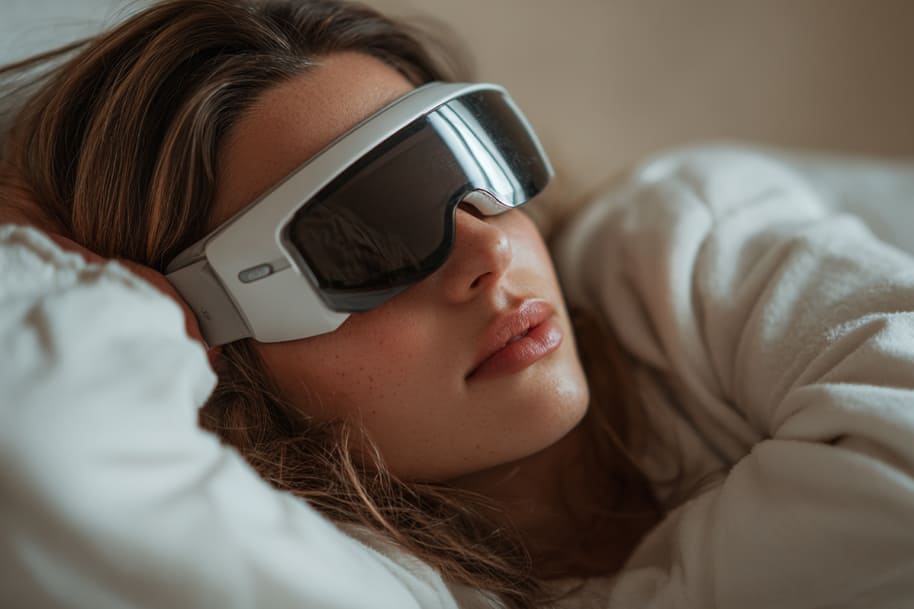 A woman resting on a pillow with a high-tech white sleep visor covering her eyes, blending comfort with advanced sleep technology.
