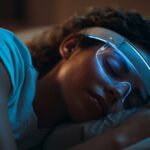 A woman sleeping peacefully while wearing a glowing blue smart sleep mask that tracks and optimizes her rest.