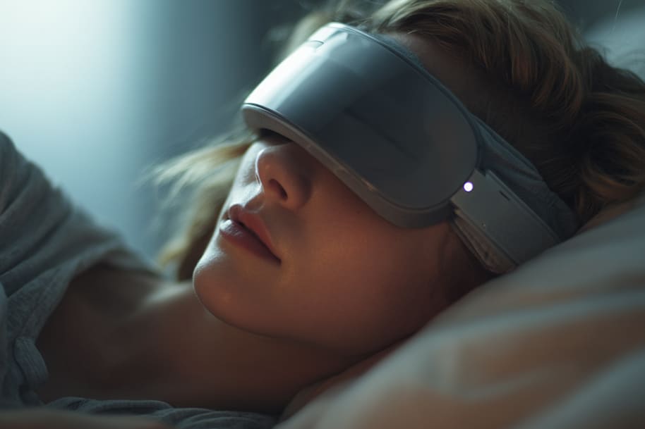 A woman lying in bed wearing a futuristic gray sleep mask with built-in lights designed to enhance relaxation and improve sleep quality.