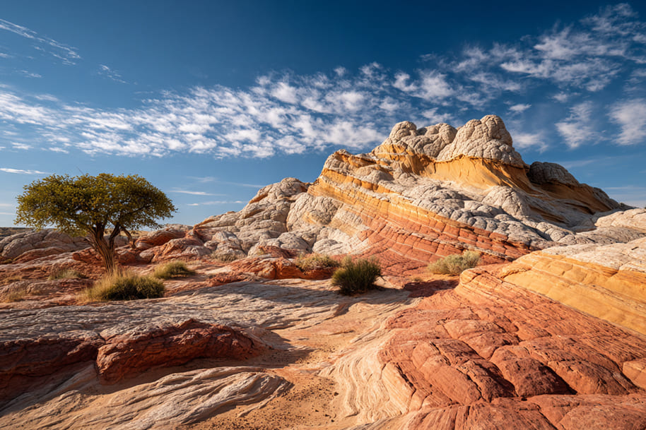 Colorful sandstone formations and resilient desert tree in the Southwest – top desert getaway and nature retreat for road trips 2025.