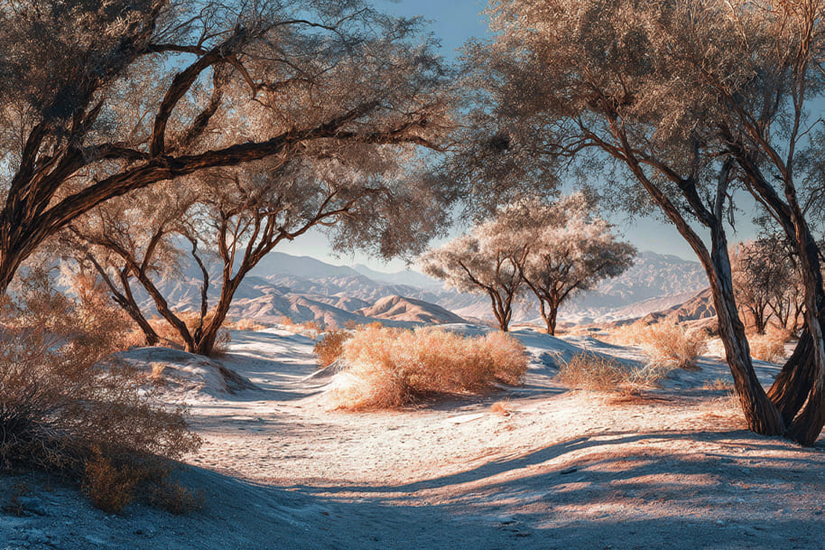 Peaceful desert escape in the American Southwest with sunlit trees and mountain views a scenic and spiritual travel destination 2025.