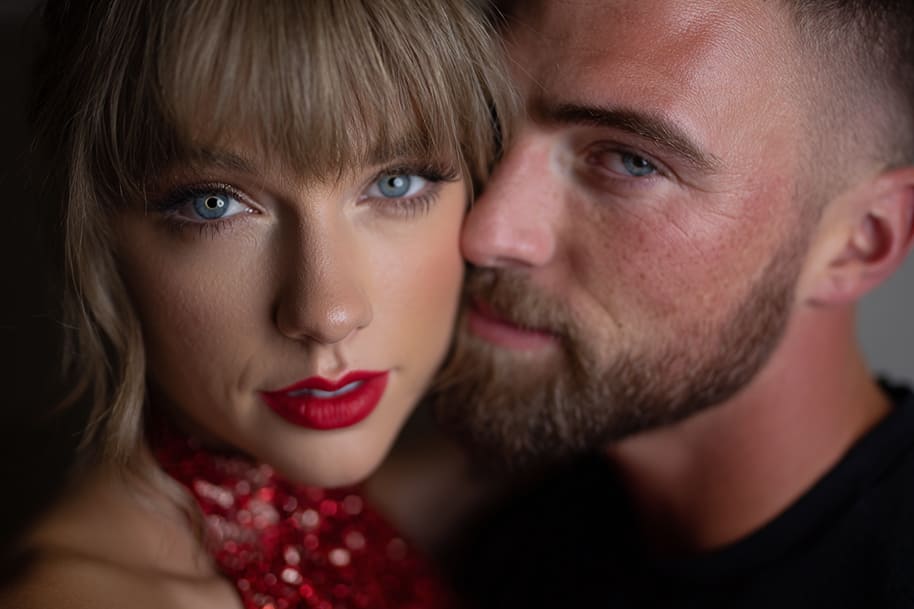 Taylor Swift and Travis Kelce posing closely intimate moment reflecting their relationship and engagement announcement in 2025.