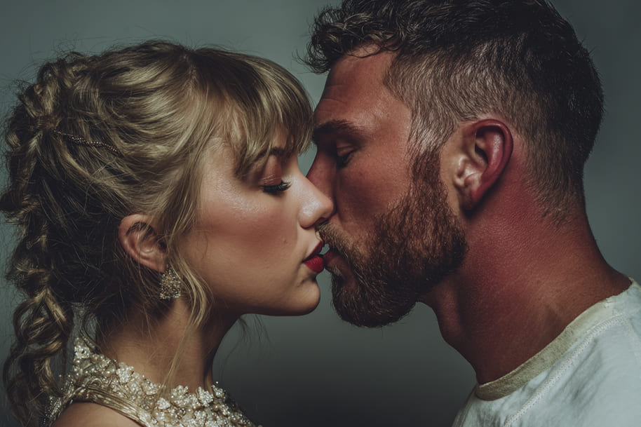 Romantic kiss between Taylor Swift and Travis Kelce – celebrating their engagement and relationship milestone in 2025.