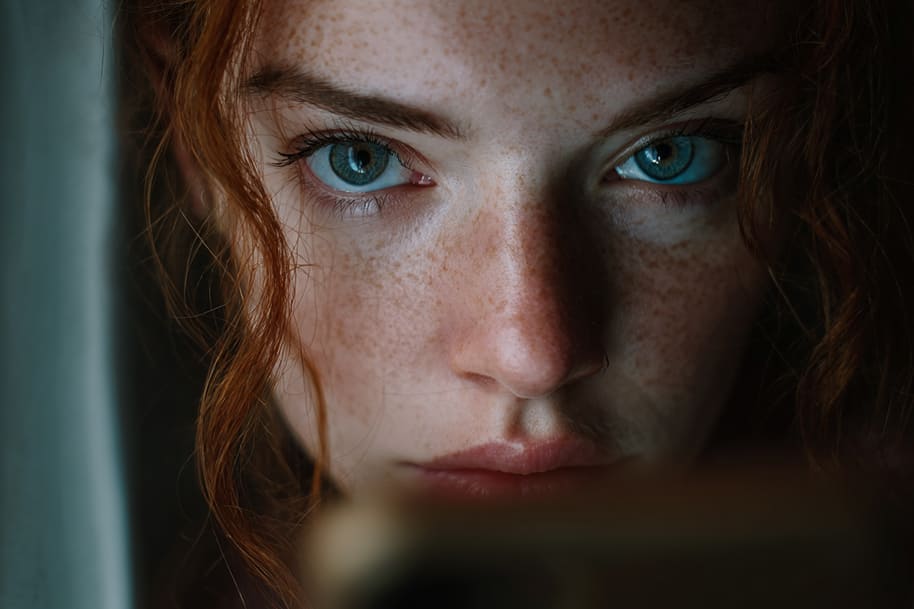 Girl with vivid blue eyes staring at her screen in low light, conveying the emotional weight of social media use and its effects on mental health.