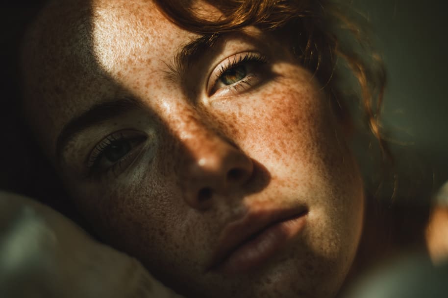 Close-up of a young woman lying down with sunlight across her face, portraying the loneliness and exhaustion linked to excessive social media use.