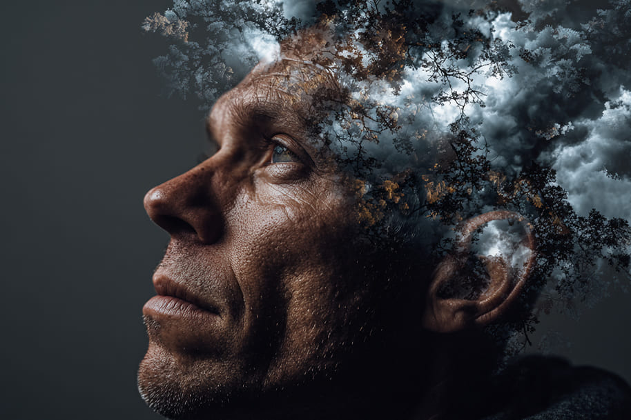 A thoughtful man looking into the distance, with trees and clouds blended into the background of his head, a metaphor for mental health and inner thoughts.