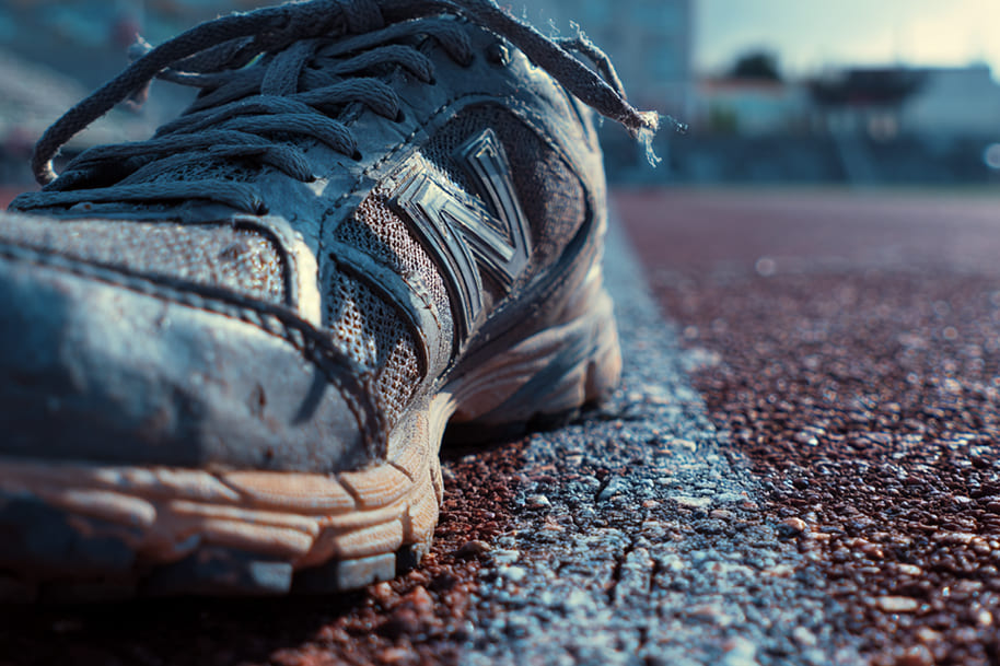 A worn running shoe placed on the line of a running track, symbolizing discipline, perseverance, and the connection between physical and mental strength
