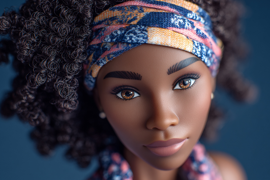 A Barbie doll with dark curly hair tied back with a colorful headband, representing Venus Williams with a confident and elegant expression.