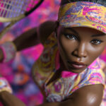 A Venus Williams Barbie doll holding a tennis racket and ball, dressed in a vibrant patterned outfit with a visor, posed in a powerful stance.