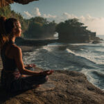 Traveler practicing meditation by the ocean cliffs in Bali – peaceful wellness travel experience and mindfulness retreat destination 2025.