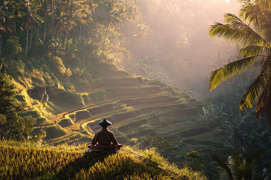 Solo meditation above Bali rice terraces at sunrise – authentic wellness travel and yoga retreat experience in nature.