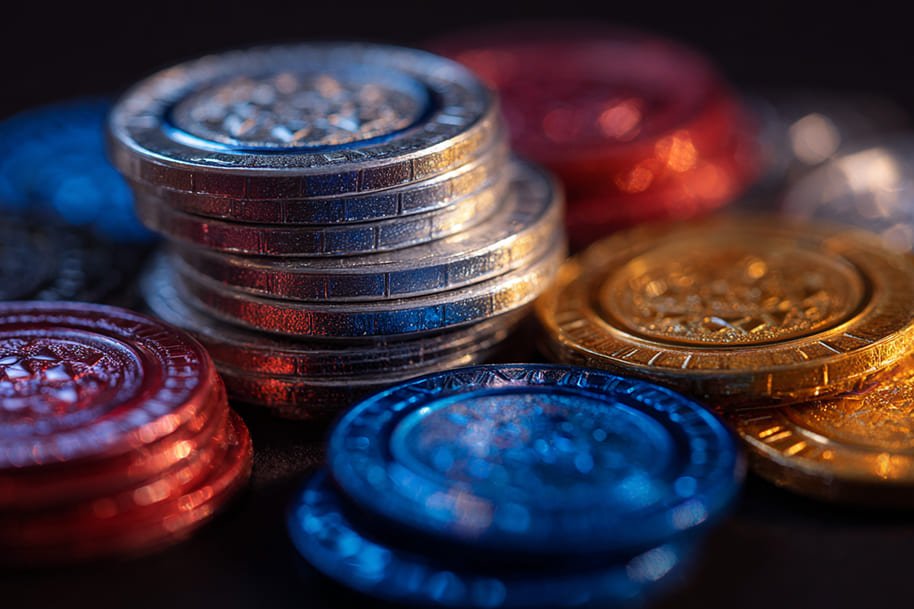 Piles of shiny blue, red, silver, and gold tokens stacked in neat towers, illustrating the diversity of digital gambling tokens in the crypto era.