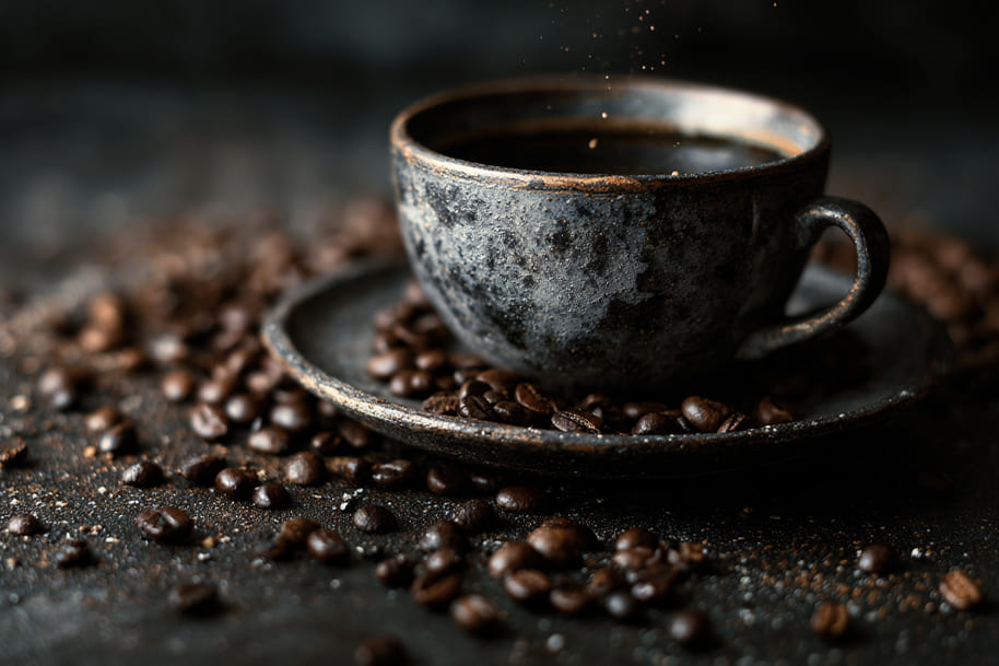 Rustic ceramic cup of black coffee surrounded by roasted beans on a dark background – ideal for illustrating the best coffee alternatives for energy and focus at Eternal Slots Casino.