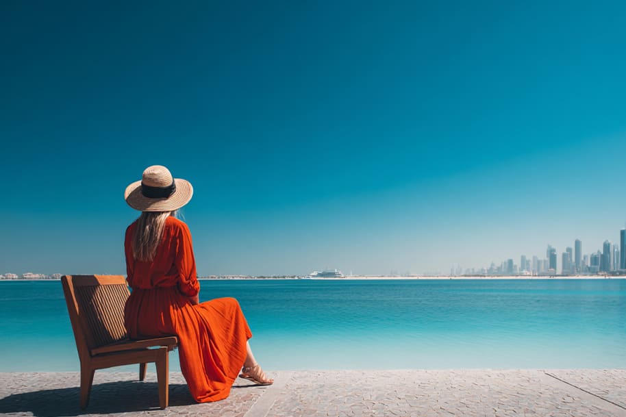 Woman in red dress and straw hat sitting by the sea with Dubai skyline in the distance, a perfect scene for bleisure travel tips and business and leisure travel inspiration.