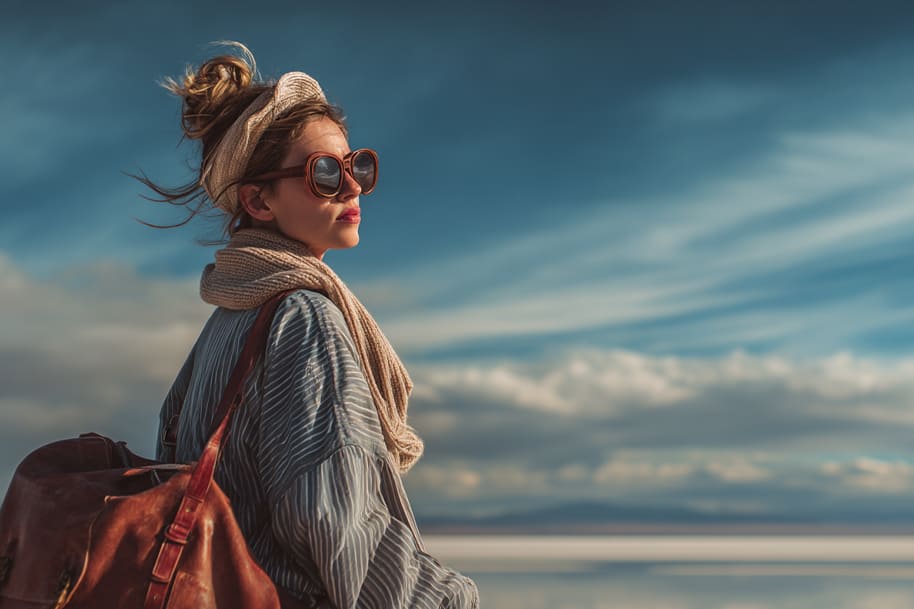 Stylish female traveler with sunglasses, scarf, and leather backpack looking at the horizon, inspiration for bleisure travel tips and combining work with vacation.