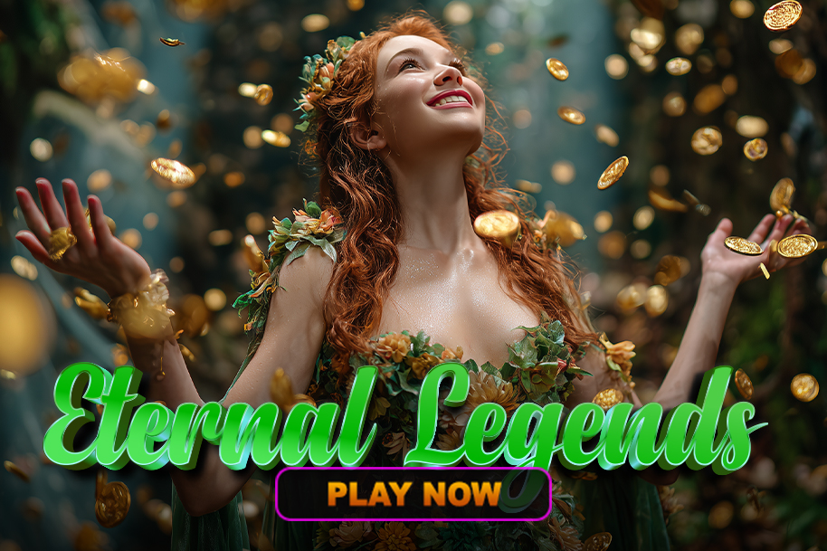 Smiling woman surrounded by golden coins in a magical forest, promoting Eternal Legends casino leaderboard tournament with back to back big wins