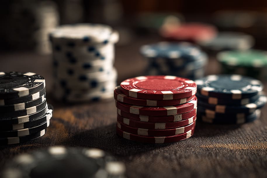 Stacks of colorful poker chips in red, black, blue, and green on a casino table, symbolizing casino leaderboard rewards and high-stakes play