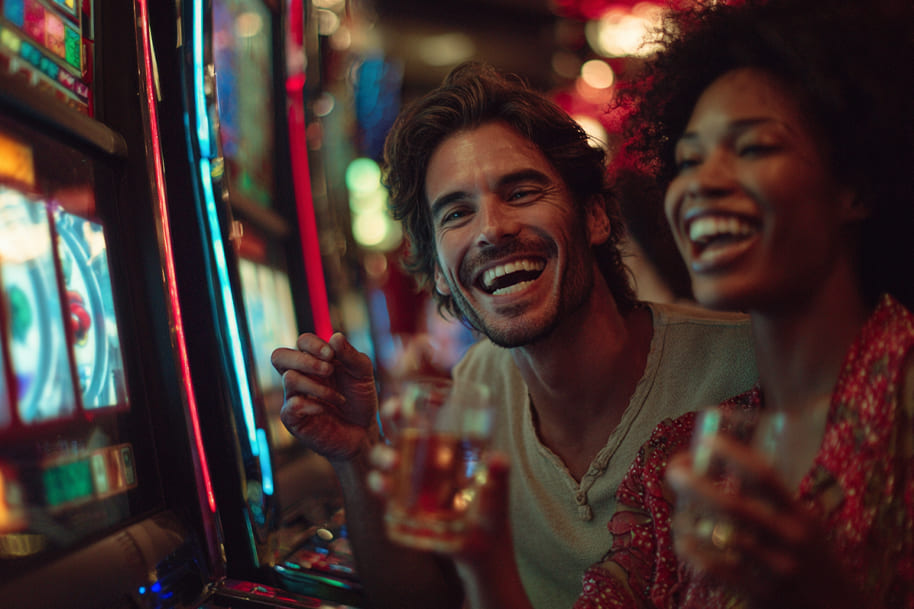 Happy couple enjoying drinks while playing slot machines, smiling and celebrating wins together in a lively casino atmosphere