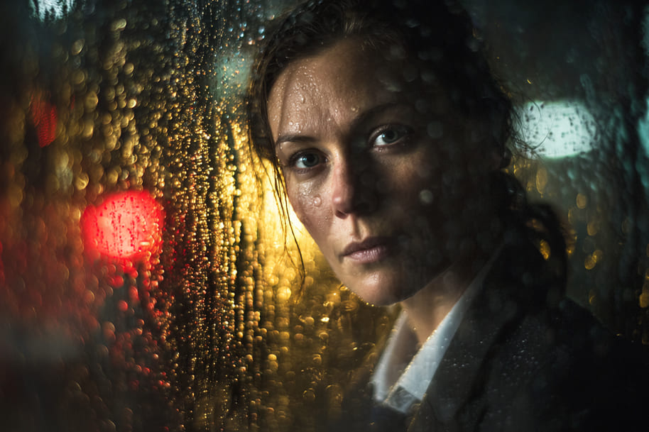 Moody portrait of woman looking out through rain-soaked glass – suspenseful moment from Code of Silence.