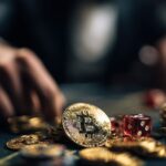 Golden Bitcoin coin on a casino table with red dice and poker chips, symbolizing crypto casino promotions and exclusive rewards.