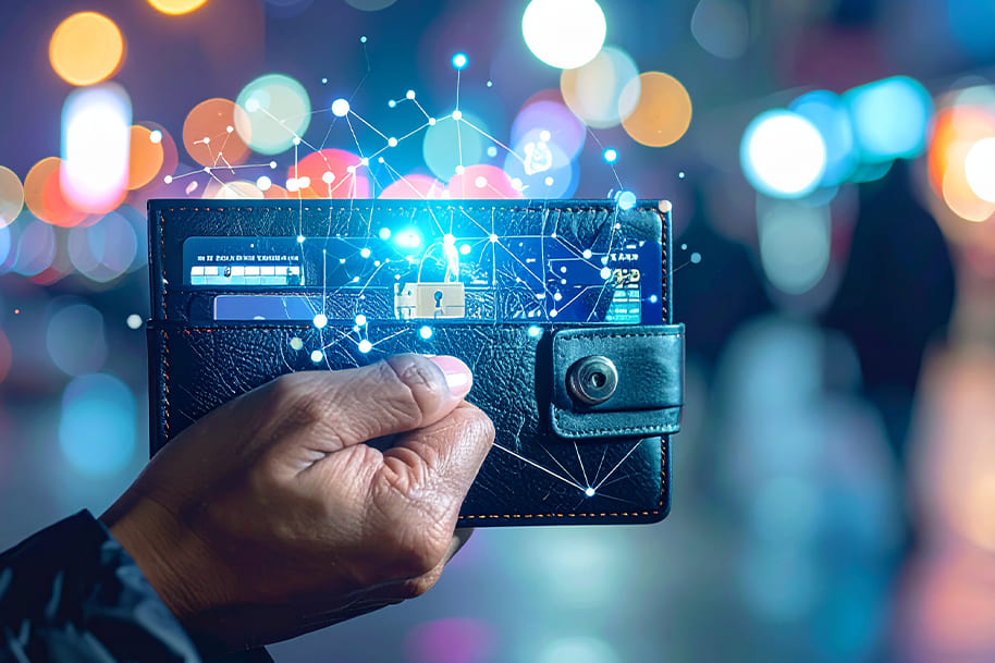 Hand holding a digital wallet with credit cards and a glowing network lock symbol, representing digital wallet security, online wallet protection, and crypto wallet safety tips