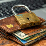 Digital wallet security concept showing a leather wallet locked with a padlock on a laptop – protecting your digital wallet, online wallet safety, and crypto wallet protection at Eternal Slots Casino.