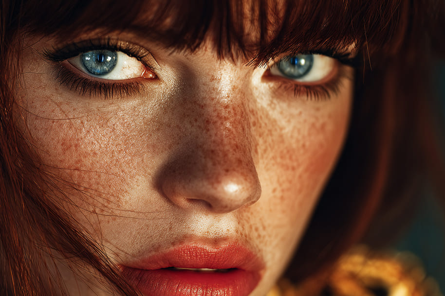 Freckled face with striking blue eyes, reflecting authenticity and raw beauty trends in influencer culture, highlighted in Eternal Slots casino article about influencer effectiveness.