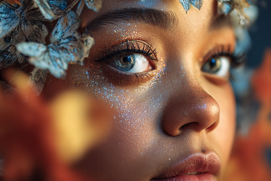 Close-up portrait with glitter makeup and butterfly crown symbolizing modern influencers’ artistic aesthetics in the digital age, featured on Eternal Slots casino blog about influencer impact.