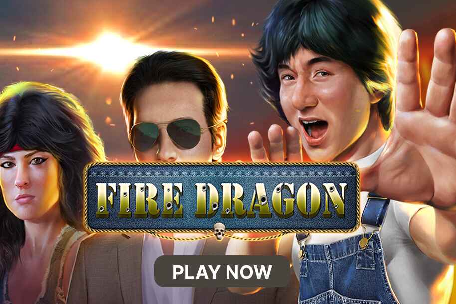Fire Dragon slot game banner featuring martial arts fighters with bold lettering, representing a high volatility RTG slot.