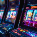 Row of brightly lit modern slot machines in a casino, representing high volatility slots with colorful reels and big win potential.