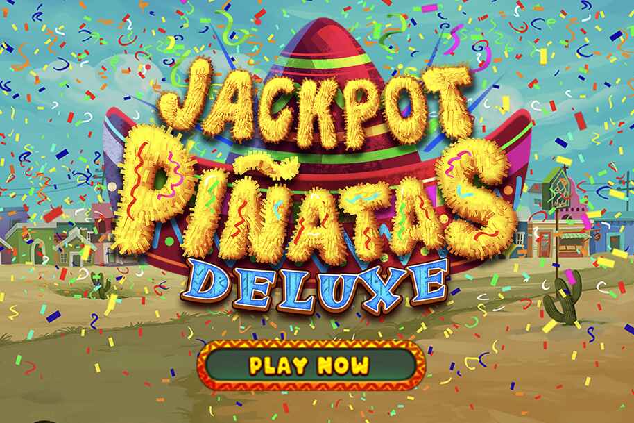 Jackpot Piñatas Deluxe slot game banner with festive sombrero and colorful confetti, representing a high volatility RTG slot celebration.