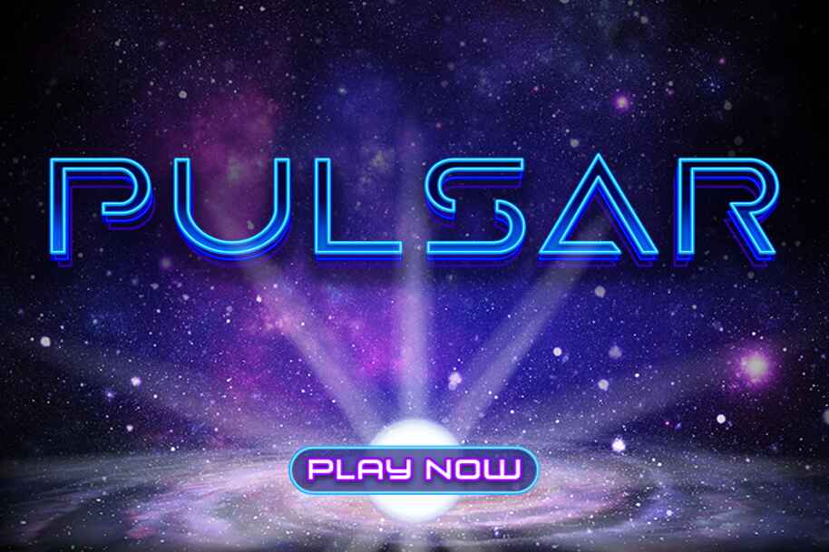 Pulsar slot game banner with glowing neon letters over a cosmic galaxy background, representing a high volatility RTG slot.