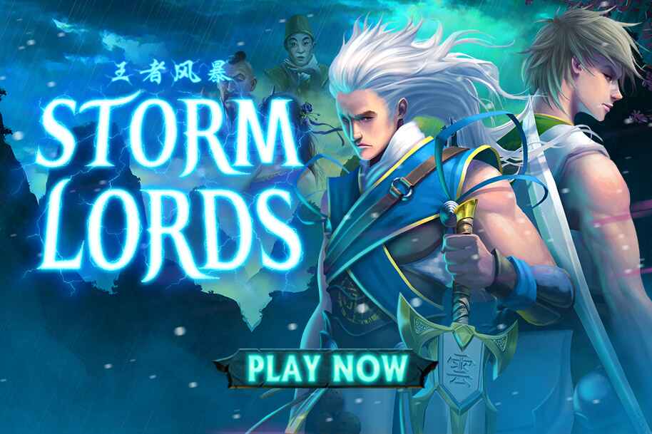 Storm Lords slot game banner featuring two warriors with glowing weapons in a fantasy storm setting, representing a high volatility RTG slot.