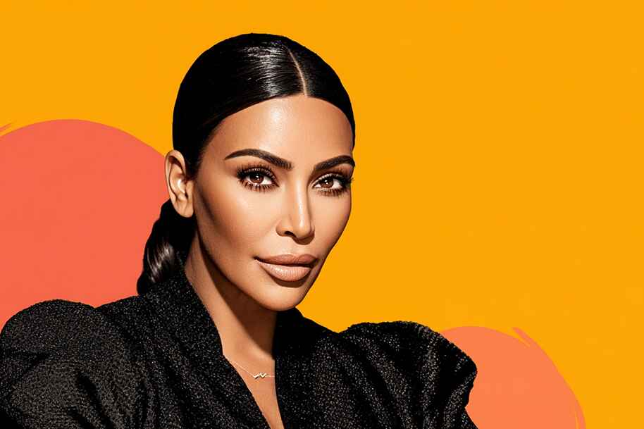 Kim Kardashian portrait on bold orange background, representing her transition from reality TV star to influential business mogul, featured on Eternal Slots casino blog.