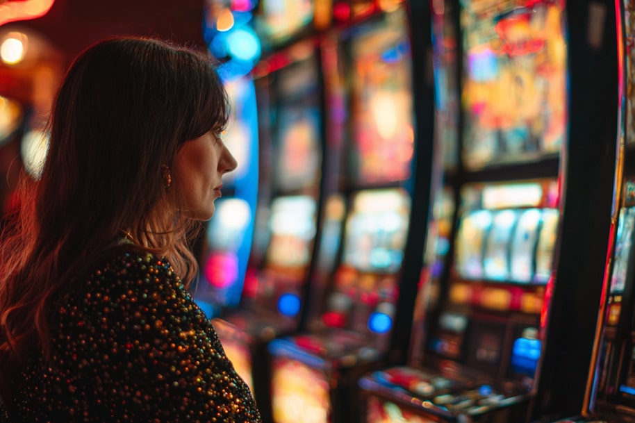 Woman playing slot machines in a casino, reflecting the excitement of free spins in online slots and rewarding gameplay at Eternal Slots Casino with instant withdrawals.