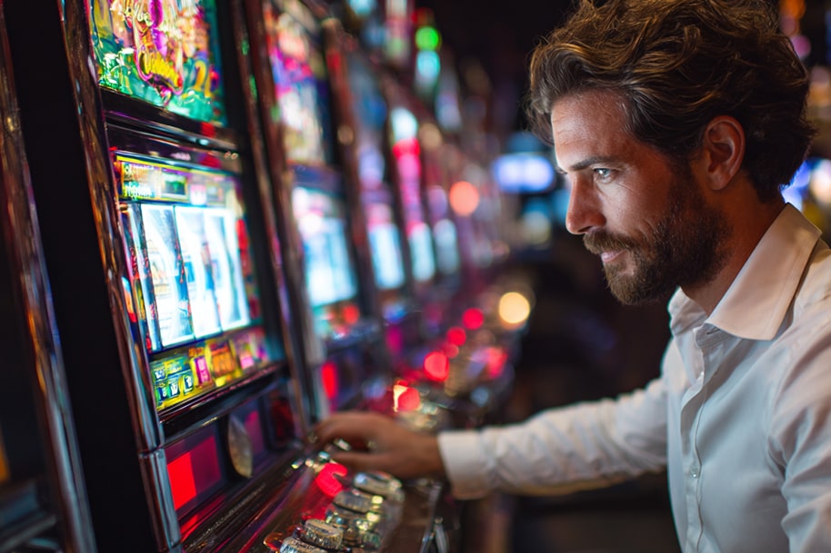 Man playing online slot machines with focus and anticipation, illustrating the excitement of free spins in online slots and big wins at Eternal Slots Casino with instant withdrawals.