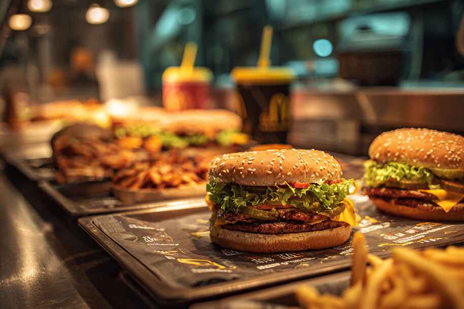 Freshly prepared cheeseburgers with fries and drinks at a fast food counter, showcasing drive-thru innovation and fast food trends 2025.