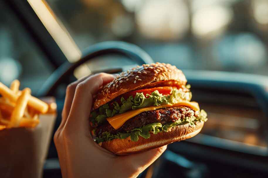 Close-up of a cheeseburger with lettuce, tomato, and fries in a car, highlighting drive-thru trends and fast food convenience in 2025.