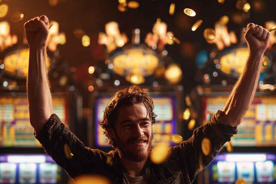 Man raising his arms in victory as golden coins fall around him after hitting back to back big wins on casino slot machines.