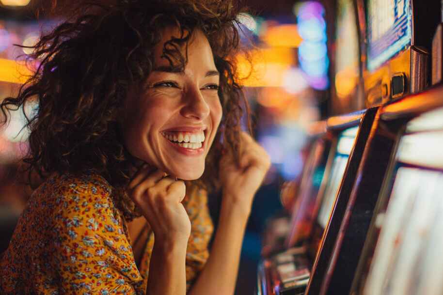 Smiling woman playing slot machines in a casino, celebrating back to back big wins with excitement and joy.